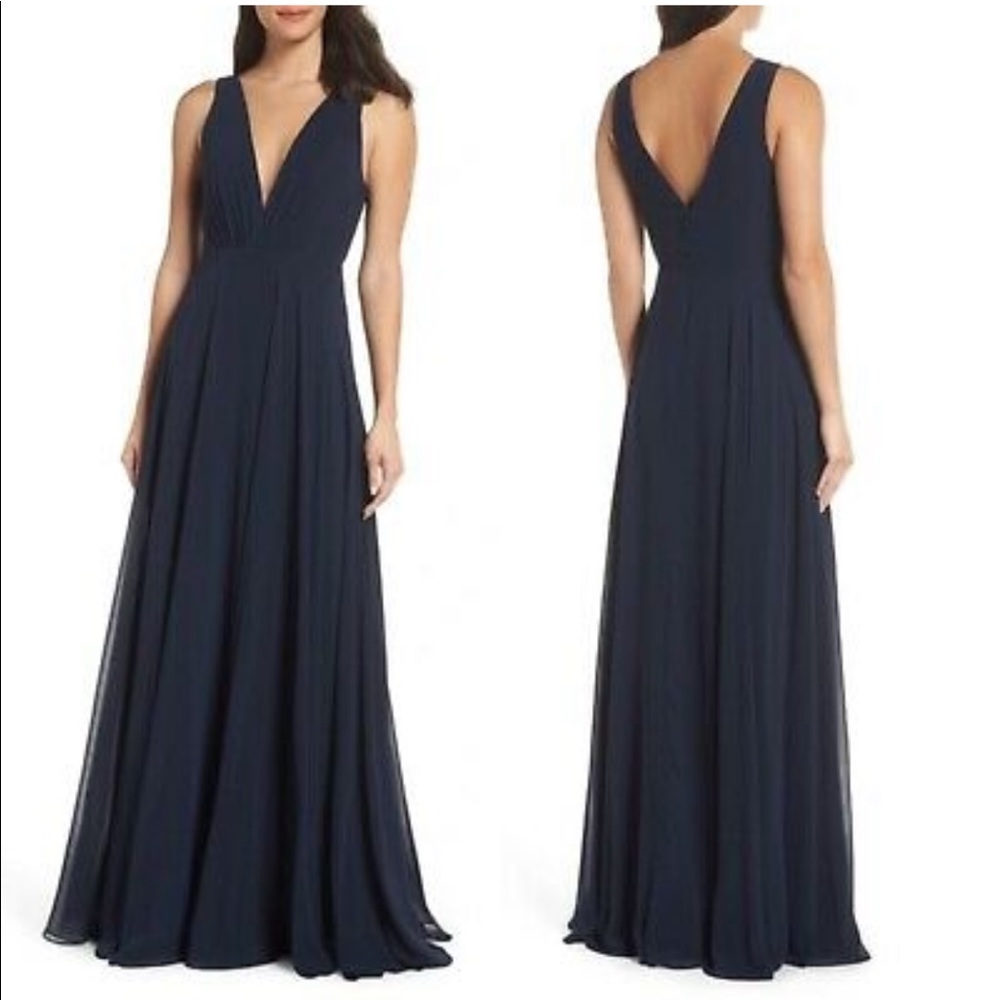 Jenny Yoo Navy Ryan Illusion v-Neck Chiffon Pleated abuse Gown Size 8